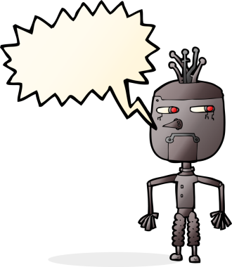 Bir insan tarafından çizilmiş konuşma balonu olan çizgi film robotu.