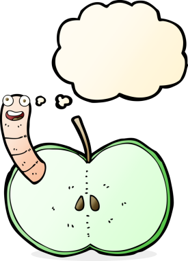 Bir insan tarafından çizilmiş düşünce baloncuğu solucanlı çizgi film elması