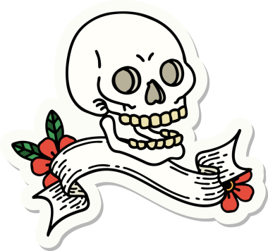 Bir insan tarafından çizilmiş kafatasının pankartıyla dövme stili etiketi