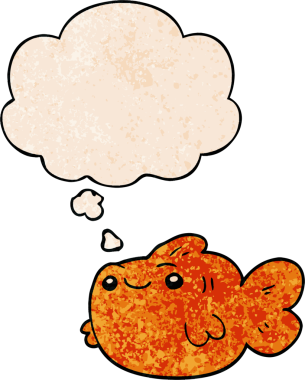 Bir insan tarafından çizilmiş grunge desenli düşünce baloncuklu çizgi film balığı.