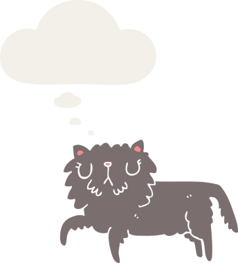 Düşünce baloncuğu olan çizgi film kedisi insan tarafından çizilmiş.