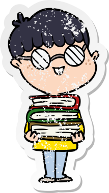 Bir insan tarafından çizilmiş gözlüklü ve kitaplı bir çizgi film ineğinin sıkıntılı çıkartması.