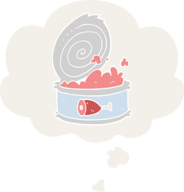 Bir insan tarafından çizilmiş, düşünce baloncuklu konserve yiyecekler.