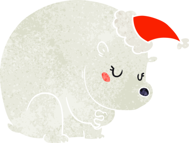 Bir insan tarafından çizilmiş Noel Baba şapkası takan eski bir kutup ayısı çizimi.