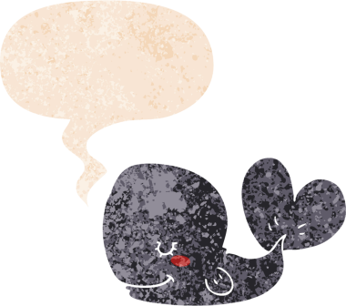 Bir insan tarafından çizilmiş grunge dertli retro tarzı konuşma balinası ile çizgi film balinası