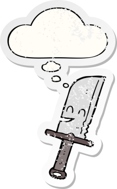 Düşünce baloncuklu çizgi film bıçağı insan tarafından çizilmiş yıpranmış bir çıkartma gibi.