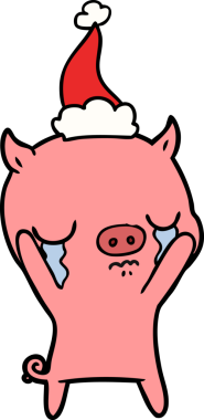 Bir insan tarafından çizilmiş Noel Baba şapkasıyla ağlayan bir domuzun el çizimi.