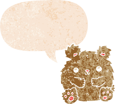 Bir insan tarafından çizilmiş grunge sıkıntılı retro biçimli konuşma baloncuğu ile sevimli çizgi film ayısı