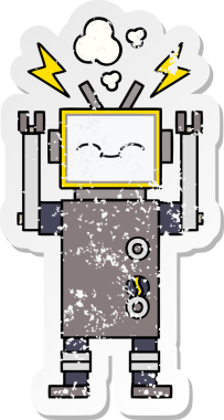 Bir insan tarafından çizilmiş sevimli bir robot çizgi film çıkartması.