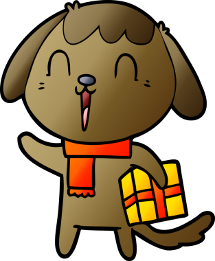 Bir insan tarafından çizilmiş Noel hediyesi olan sevimli bir çizgi film köpeği.