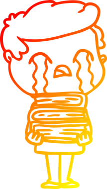 Bir insan tarafından çizilmiş kitap yığınının üzerinde ağlayan bir çizgi film adamı çizimi.