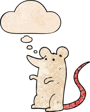 Bir insan tarafından çizilmiş grunge desenli düşünce baloncuklu çizgi film faresi.