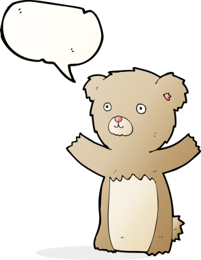 Bir insan tarafından çizilmiş konuşma balonlu oyuncak ayı.