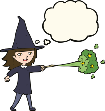 Karikatür cadısı bir insan tarafından çizilmiş düşünce balonuyla büyü yapıyor.