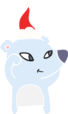 Bir insan tarafından çizilmiş Noel Baba şapkası takan bir ayının düz renk çizimi.