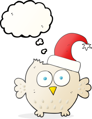 Bir insan tarafından çizilmiş noel şapkası giyen küçük baykuş.