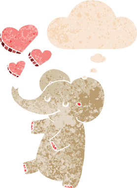 Aşk dolu karikatür fili. Düşünce baloncuğu ve grunge 'da sıkıntılı eski moda bir insan tarafından çizilmiş.