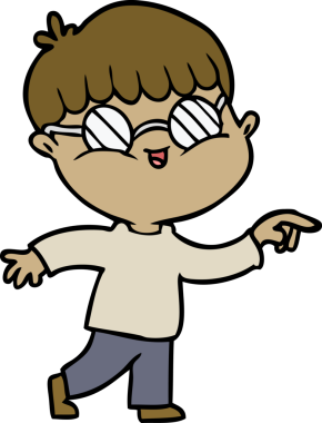 Bir insan tarafından çizilmiş gözlük takan çizgi film çocuğu.