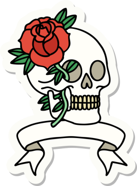 Bir insan tarafından çizilmiş kafatası ve gül şeklinde dövme stili.