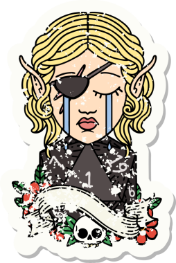 Hüzünlü bir elf karakterinin yapışkan etiketi. Doğal bir d20 ruloyla bir insan tarafından çizilmiş.