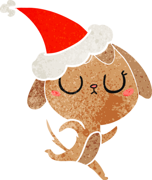 Bir insan tarafından çizilmiş Noel Baba şapkası takan bir köpeğin eski çizgi filmi.