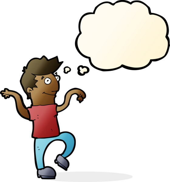 çizgi film mutlu adam bir insan tarafından çizilmiş düşünce baloncuğuyla komik dans yapıyor