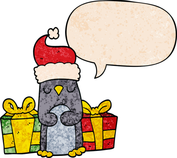 Bir insan tarafından çizilmiş geçmişe dönük konuşma baloncuğu olan sevimli noel pengueni.