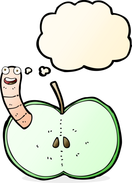 Bir insan tarafından çizilmiş düşünce baloncuğu solucanlı çizgi film elması