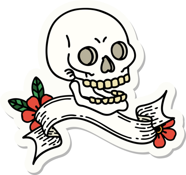 Bir insan tarafından çizilmiş kafatasının pankartıyla dövme stili etiketi