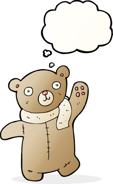 Bir insan tarafından çizilmiş düşünce baloncuğu olan sevimli çizgi film ayısı.