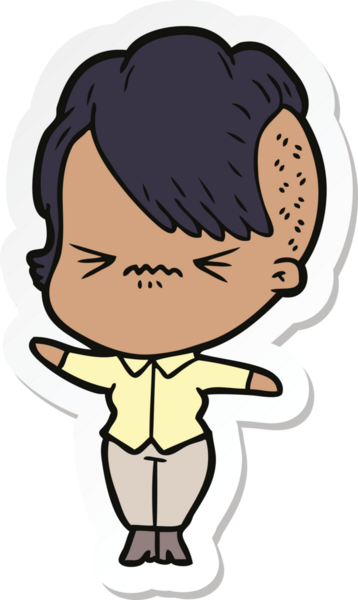 Çizgi film çıkartması. Bir insan tarafından çizilmiş sinirli hippi kız.