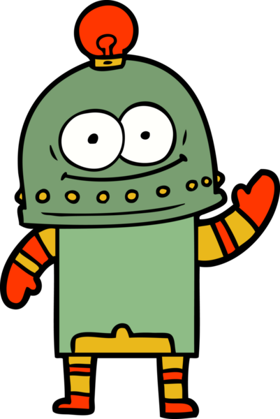 Bir insan tarafından çizilmiş ampullü mutlu karton robot.