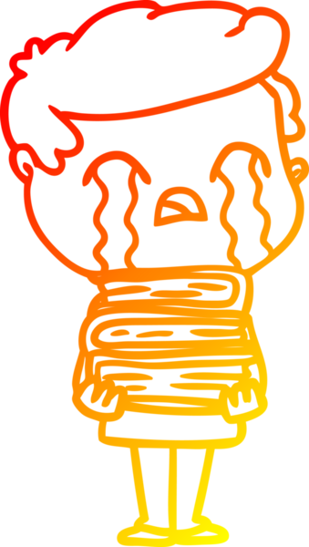 Bir insan tarafından çizilmiş kitap yığınının üzerinde ağlayan bir çizgi film adamı çizimi.