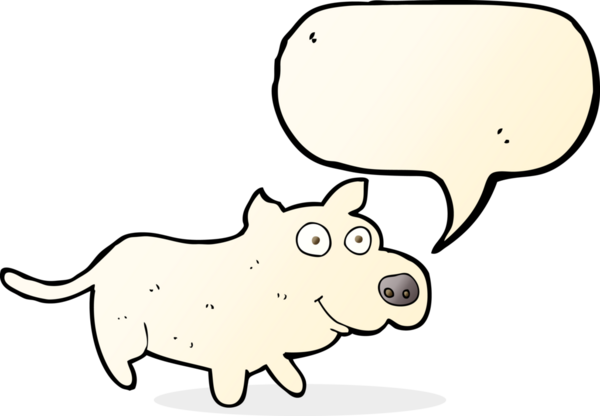 Bir insan tarafından çizilmiş konuşma balonu olan mutlu küçük bir köpek.