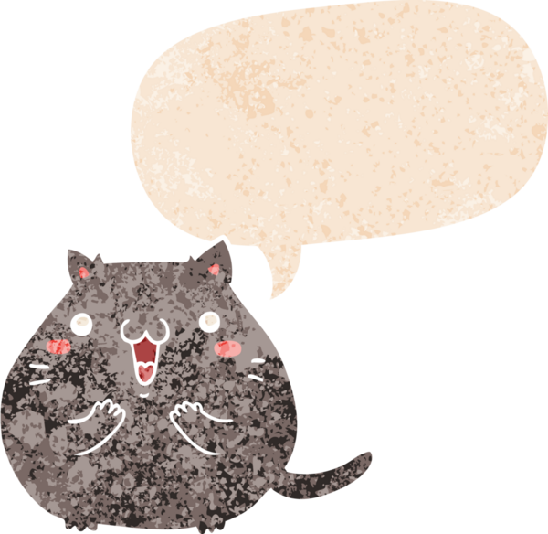 Mutlu çizgi film kedisi grunge 'da konuşma baloncuğu ile sıkıntılı retro dokuma tarzı bir insan tarafından çizilmiş