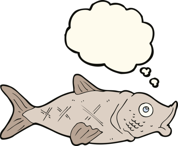 Bir insan tarafından çizilmiş düşünce baloncuklu çizgi film balığı.
