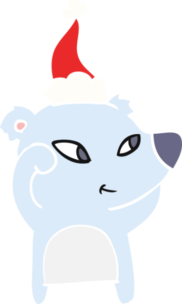 Bir insan tarafından çizilmiş Noel Baba şapkası takan bir ayının düz renk çizimi.