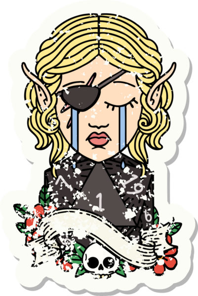 Hüzünlü bir elf karakterinin yapışkan etiketi. Doğal bir d20 ruloyla bir insan tarafından çizilmiş.