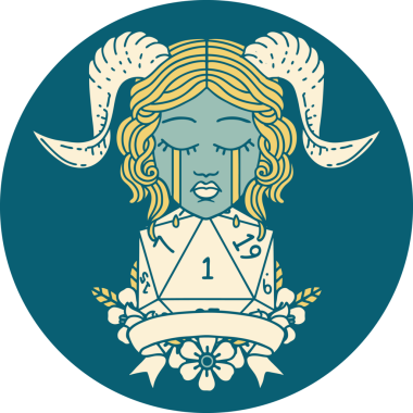 Retro Dövme Tarzı Ağlama Yüzü Doğal 1 D20 Dice ile Bir insan tarafından çizilmiş