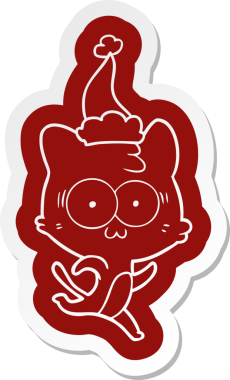 Bir insan tarafından çizilmiş Noel Baba şapkasıyla koşan sürpriz bir kedinin garip çizgi film etiketi.