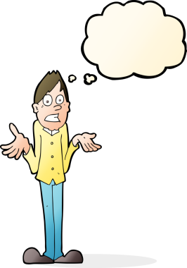 Bir insan tarafından çizilmiş düşünce baloncuğuyla omuzlarını silkeleyen çizgi film adamı.