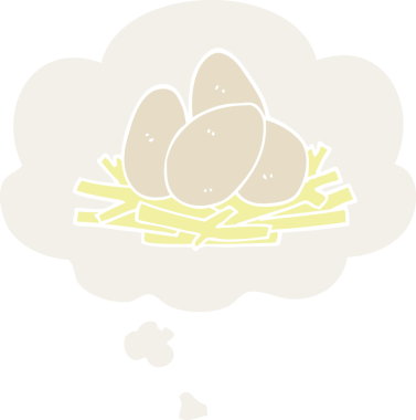 Düşünce baloncuğuyla yuvada yumurtalar insan tarafından çizilmiş.