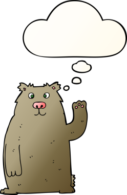 Bir insan tarafından çizilmiş yumuşak eğimli düşünce baloncuklu çizgi film ayısı.