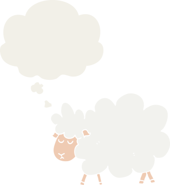 Düşünce baloncuğu olan bir koyun insan tarafından çizilmiş.