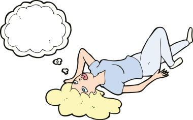 Bir insan tarafından çizilmiş düşünce baloncuğuyla yerde yatan çizgi film kadını.