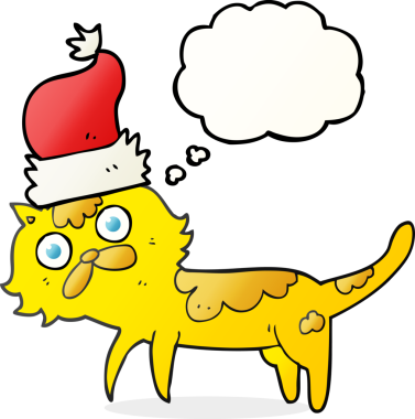 Bir insan tarafından çizilmiş Noel şapkası giyen serbest çizim baloncuk çizgi film kedisi.