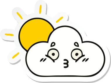 Bir insan tarafından çizilmiş şirin bir karikatür güneş ışığı ve bulut çıkartması.