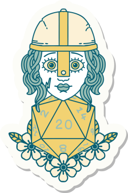 İnsan dövüşçüsünün çıkartması. Bir insan tarafından çizilmiş 20 D20 zarlı.