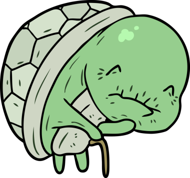 Bir insan tarafından çizilmiş bastonlu yaşlı bir kaplumbağa.