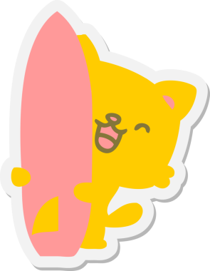 Bir insan tarafından çizilmiş sörf tahtası yapıştırmalı şirin bir kedi.